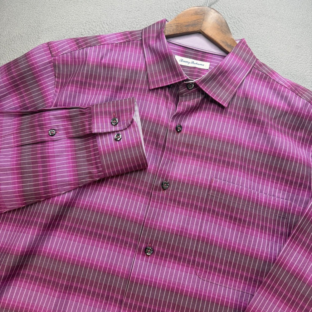 Tommy Bahama Shirt Mens Large Tall Purple Silk Blend Striped Long Sleeve Casual